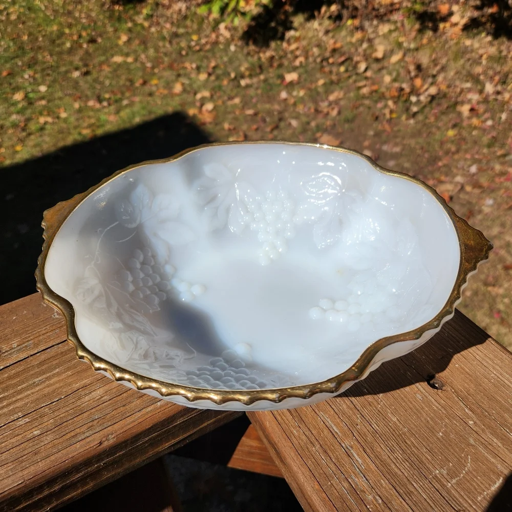 Vintage Anchor Hocking Milkglass Bowl With Grape & Vine Pattern and Gold Trim